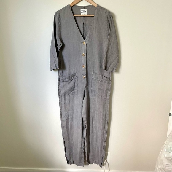 Zara Jumpsuit Women's Large Gray Linen Long Boilersuit Minimalist Lagenlook Grey - Picture 3 of 9